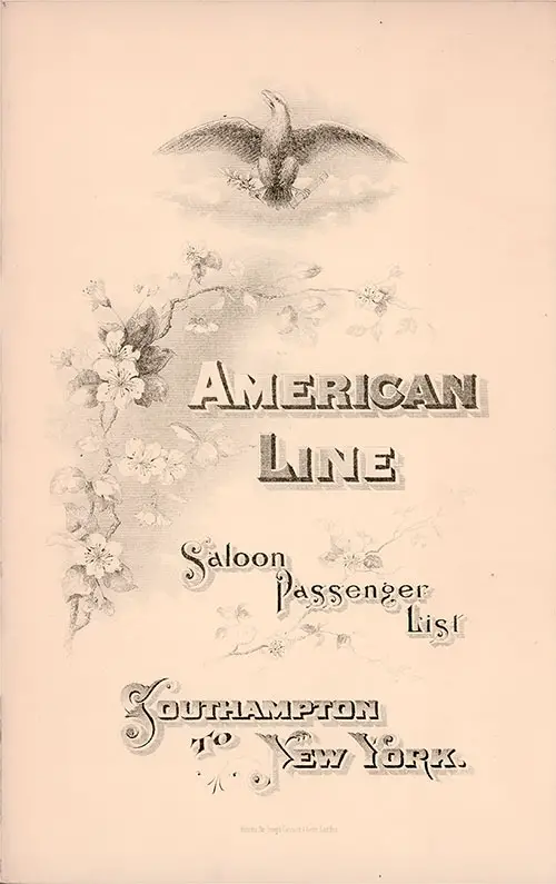 Front Cover: Saloon Class Passenger List for the SS New York of the American Line Dated 29 September 1896.