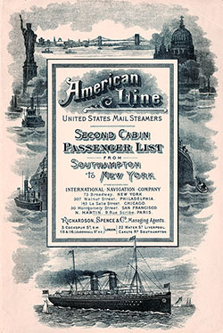 Passenger List, American Line SS New York, 1900, Southampton to New York 