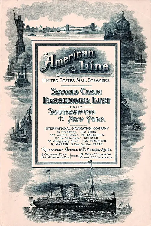 Front Cover: Second Cabin Passenger List for the SS New York of the American Line Dated 8 September 1900.