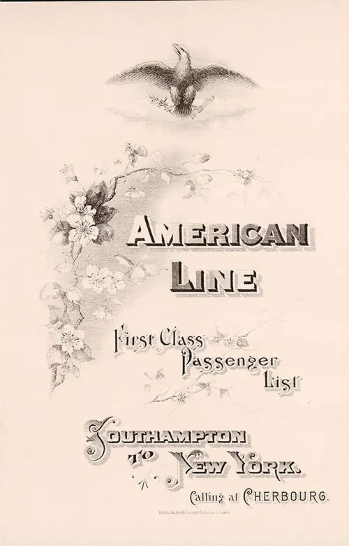 Front Cover: First Class Passenger List for the SS New York of the American Line Dated 27 February 1904.