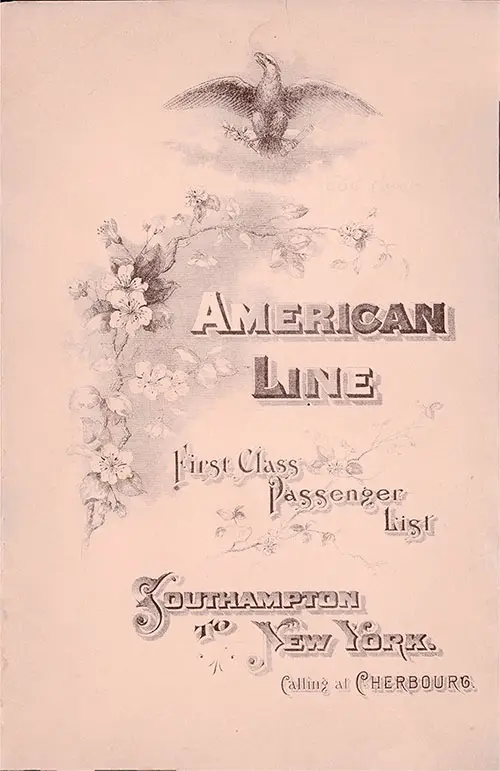 Front Cover: First Class Passenger List for the SS New York of the American Line Dated 23 September 1905.