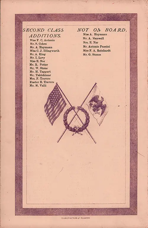 Back Cover, American Line SS New York Second Class Passenger List - 11 August 1906.