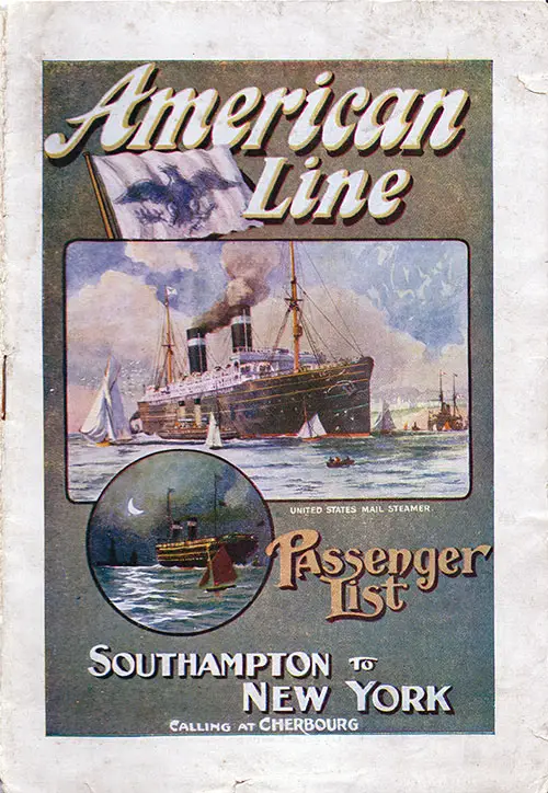 Front Cover: First Class Passenger List for the SS New York of the American Line Dated 2 September 1911.