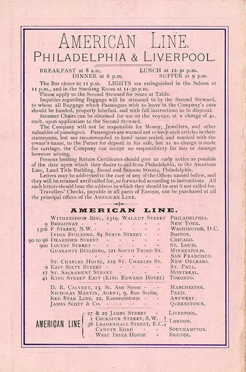 Back Cover: Second Class Passenger List for the SS Noordland of the American Line Dated 22 August 1906.