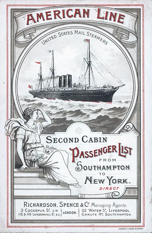 Passenger List, American Line Steamship Paris, Second Cabin Passengers 1895
