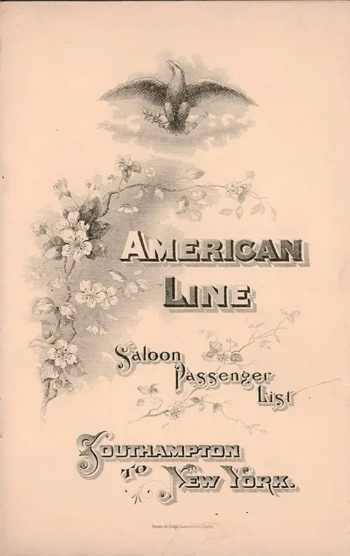 Front Cover, Saloon Passenger List for the SS Paris of the American Line, Departing Saturday, 5 September 1896 from Southampton to New York.