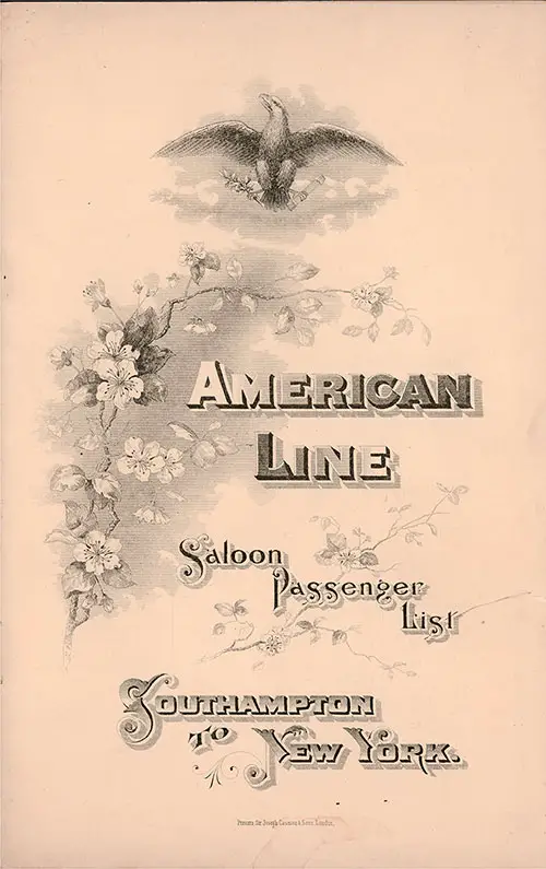 Front Cover: Saloon Class Passenger List for the SS Paris of the American Line Dated 5 September 1896.