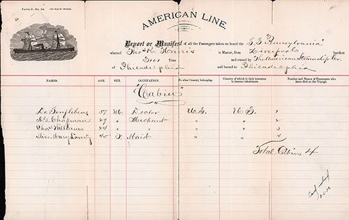 Form C, No. 34 American Line Report or Manifest of all the Passengers taken on board the SS "Pennsylvania" circa 1878