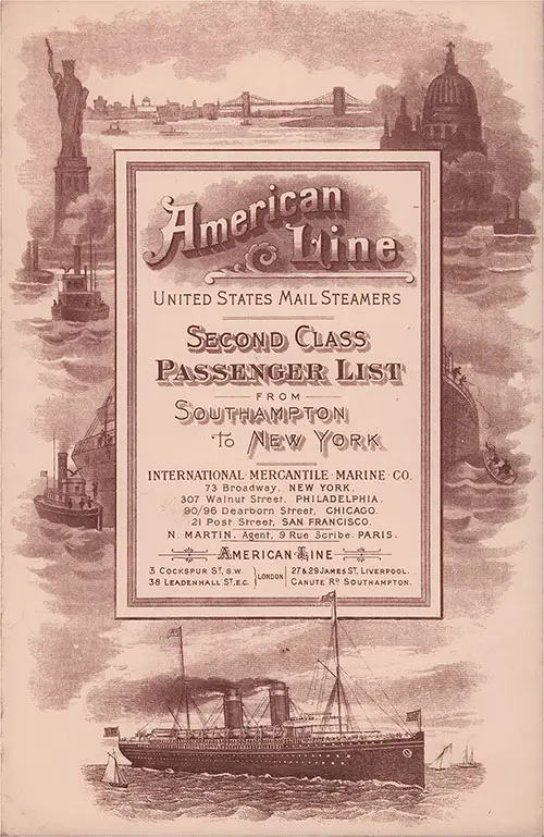 Front Cover, Second Class Passenger List for the 3 June 1993 Voyage of the SS Philadelphia of the American Line.