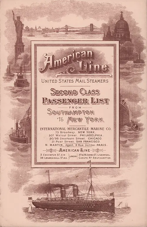 Front Cover: Second Class Passenger List for the SS Philadelphia of the American Line Dated 12 September 1903.