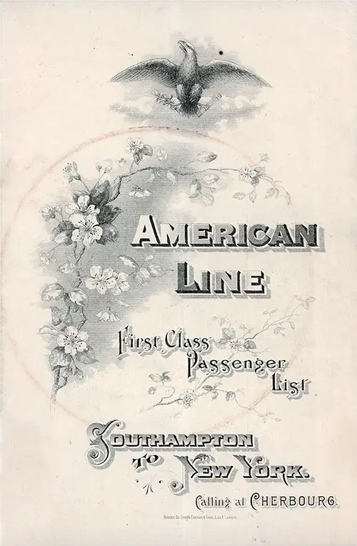Front Cover, SS Philadelphia Passenger List - 10 August 1907
