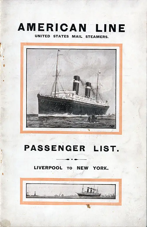 Passenger List Cover, October 1914 Westbound Voyage - SS Philadelphia