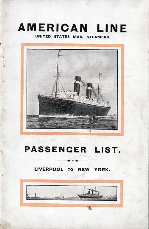 Front Cover: Cabin Class Passenger List for the SS Philadelphia of the American Line Dated 17 October 1914.