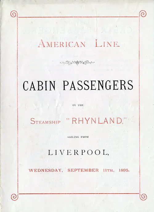 Front Cover, Cabin Passenger List for the SS Rhynland of the American Line, Departing Wednesday, 11 September 1895 from Liverpool to Philadelphia.