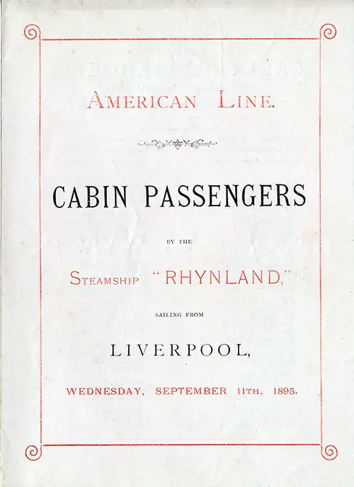 Front Cover: Cabin Class Passenger List for the SS Rhynland of the American Line Dated 11 September 1895.