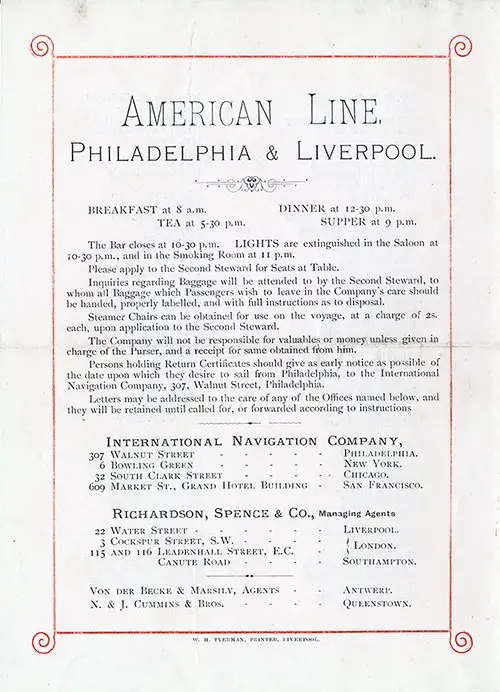Back Cover: Cabin Class Passenger List for the SS Rhynland of the American Line Dated 11 September 1895.