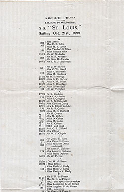 Passenger Manifest Sheet, October 1899 Westbound Voyage - SS St. Louis