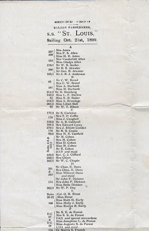 Passenger List Sheet, October 1899 Westbound Voyage - SS St. Louis