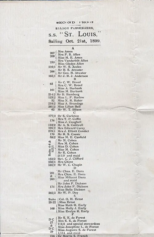 Second Proof: Saloon Class Passenger List for the SS St. Louis of the American Line Dated 21 October 1899.