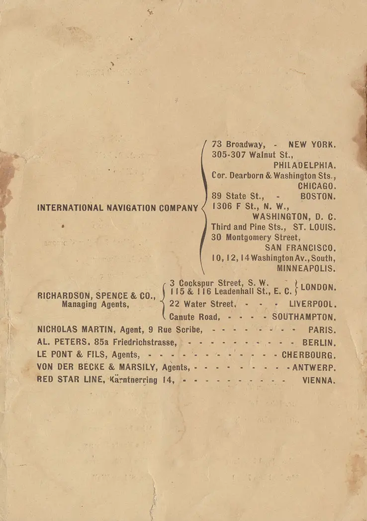 Back Cover of a Cabin Passenger List from the SS St. Louis of the American Line, Departing 4 September 1901 from New York to Southampton.