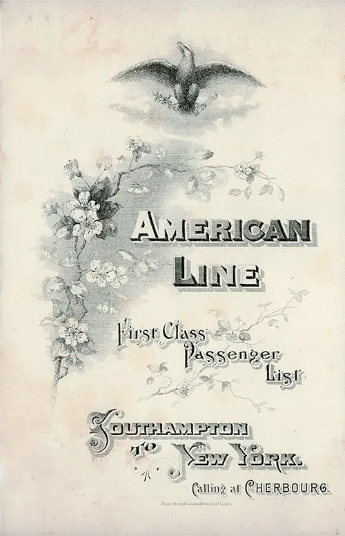 Passenger List Cover, October 1907 Westbound Voyage - SS St. Louis