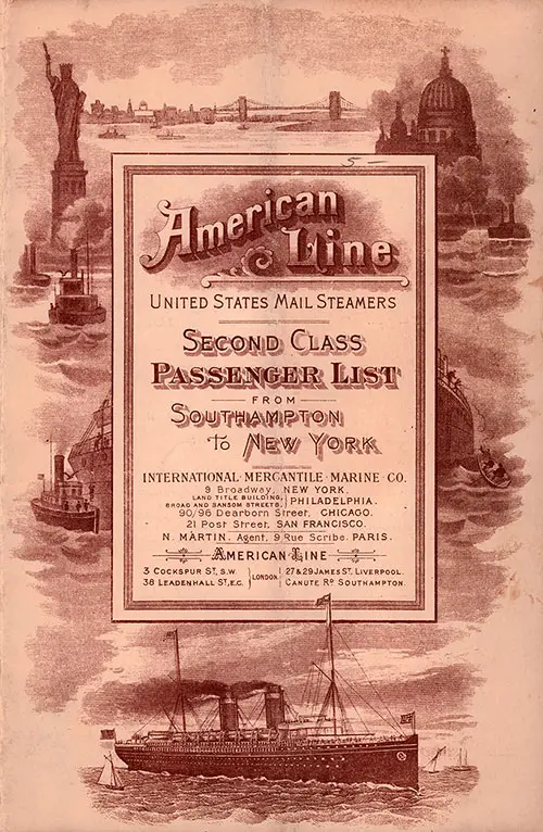 Front Cover of a Second Class Passenger List from the SS St. Paul of the American Line, Departing Saturday, 10 December 1904 from Southampton to New York via Cherbourg