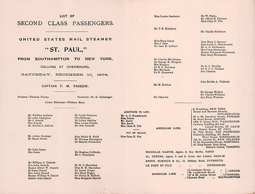 List of Second Class Passengers and Senior Officers, SS St. Paul Second Class Passenger List, 10 December 1904.