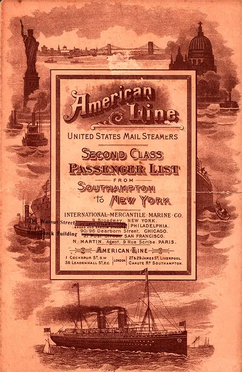 Front Cover: Second Class Passenger List for the SS St. Paul of the American Line Dated 20 July 1907.