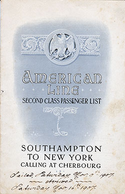 Passenger Manifest Cover, November 1907 Westbound Voyage - SS St. Paul 
