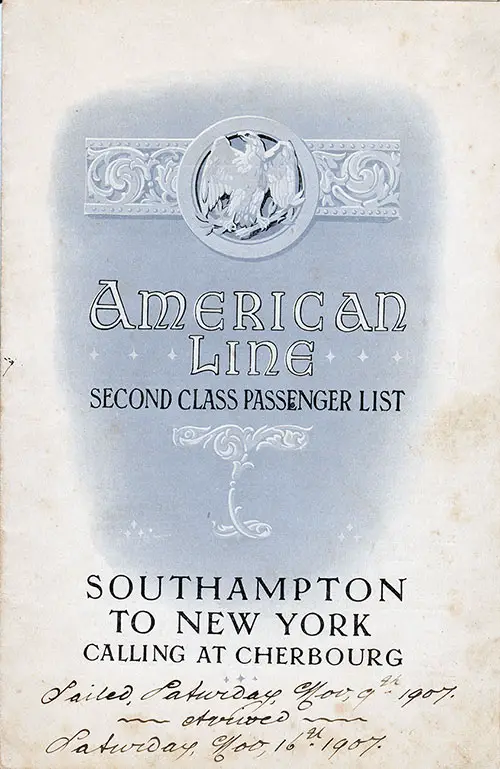 Second Class Passenger List, American Line SS St. Paul 1907