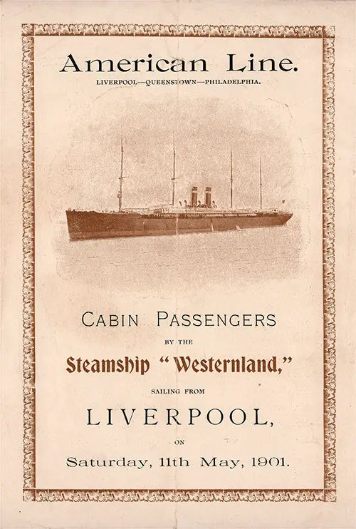 Front Cover: Cabin Class Passenger List for the SS Westernland of the American Line Dated 11 May 1901.