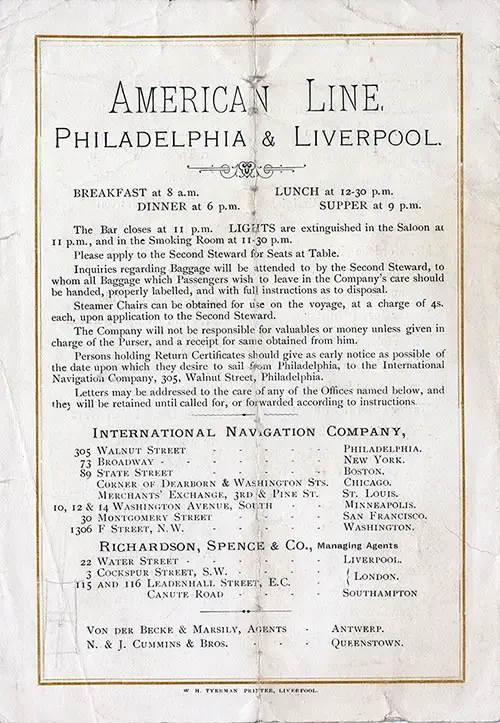 Back Cover: Cabin Class Passenger List for the SS Westernland of the American Line Dated 11 May 1901.