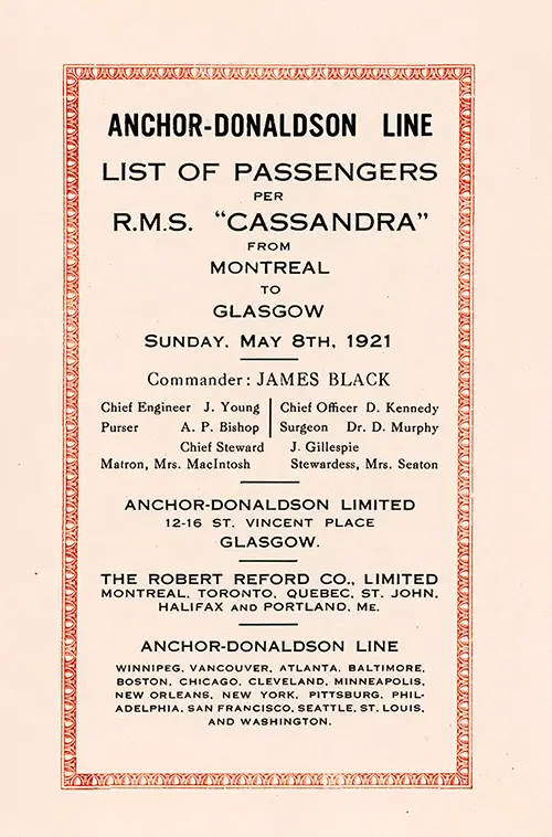Title Page Includes Senior Officers and Staff, SS Cassandra Cabin Passenger List, 8 May 1921.