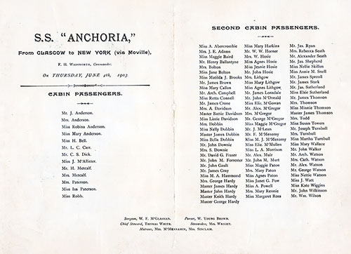 Title Page, First and Second Cabin Passengers, and Senior Officers and Staff. SS Anchoria Cabin Class Passenger List, 4 June 1903.