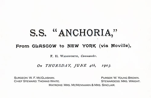 Constructed Title Page, SS Anchoria First and Second Cabin Passenger List, 4 June 1903.