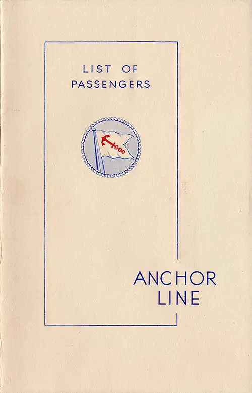 Front Cover, SS Caledonia Passenger List 26 August 1938