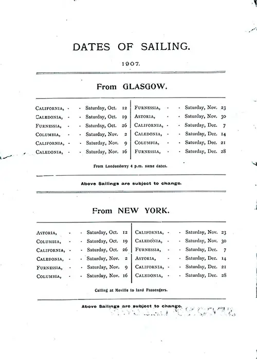 Sailing Schedule, Glasgow-New York, from 12 October 1907 to 28 December 1907.