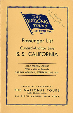 23 February 1931 Cruise Passenger Manifest - SS California