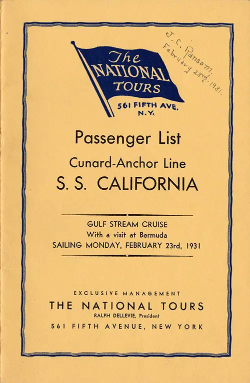 Front Cover - 23 February 1931 Bermuda Cruise Passenger List, SS California, Anchor Line