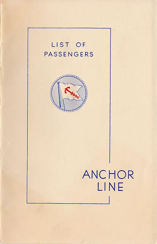 Front Cover - 22 July 1938 Passenger List, TSS California, Anchor Line