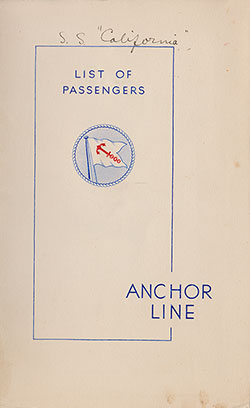 Front Cover, SS California Passenger List - 19 August 1938