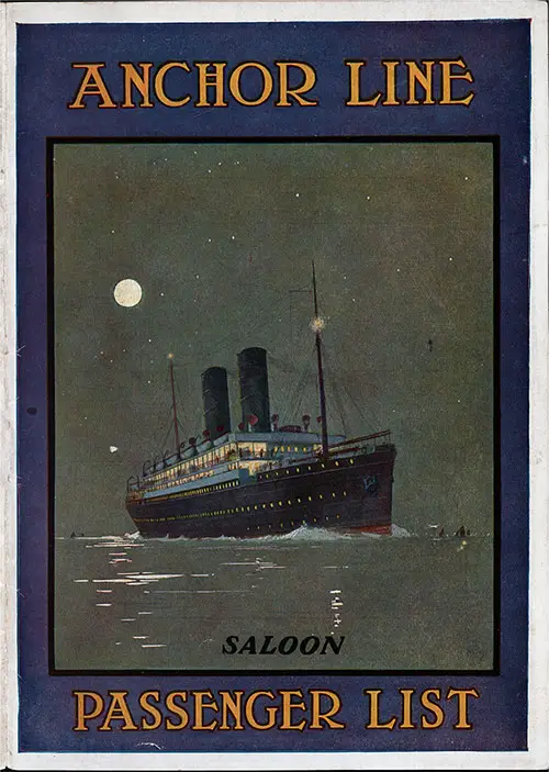 Passenger List, Anchor Line TSS Cameronia, 1913, Glasgow to New York