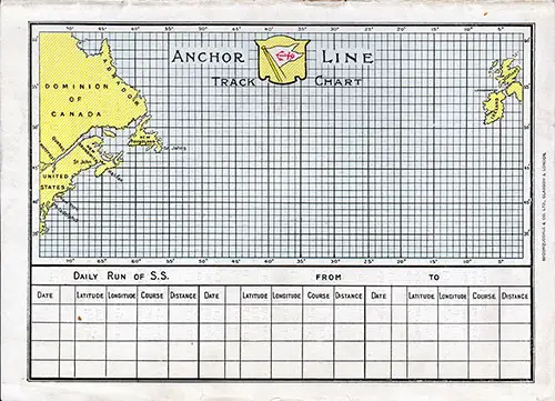 Back Cover: Track Chart and Memorandum of Log (Unused) from the Saloon Class Passenger List for the SS Cameronia of the Anchor Line Dated 6 September 1913.