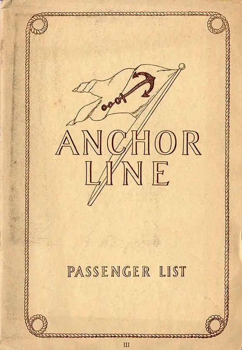 Front Cover of a Tourist Third Cabin Passenger List from the SS Cameronia of the Anchor Line, Departing Saturday, 2 July 1927 from New York and Boston to Glasgow.