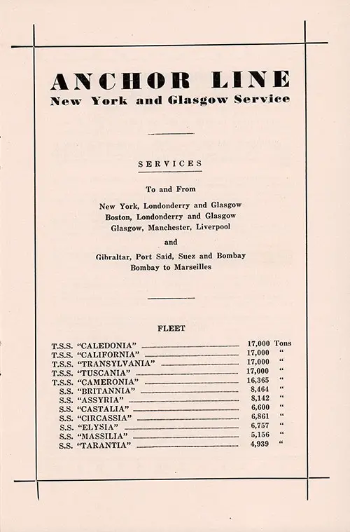 Anchor Steamship Line Services and Fleet, 1932.