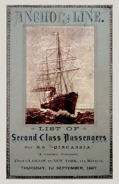 Front Cover of a Second Class Passenger List from the SS Circassia of the Anchor Line, Departing 1 September 1887 from Glasgow to New York via Moville