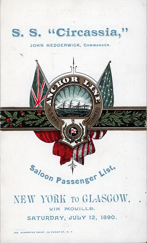 Front Cover of a Saloon Passenger List for the SS Circassia of the Anchor Line, Departing Saturday, 12 July 1890 from New York to Glasgow via Moville