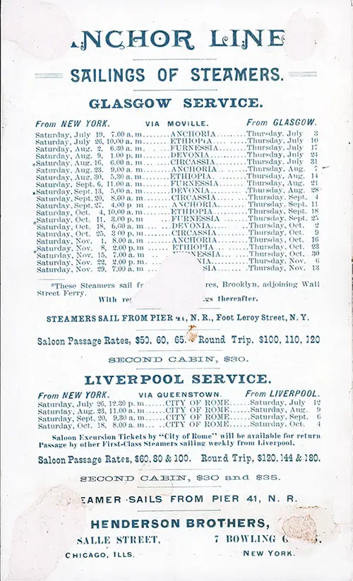 Back Cover of a Saloon Class Passenger List for the SS Circassia of the Anchor Line Dated 12 July 1890.