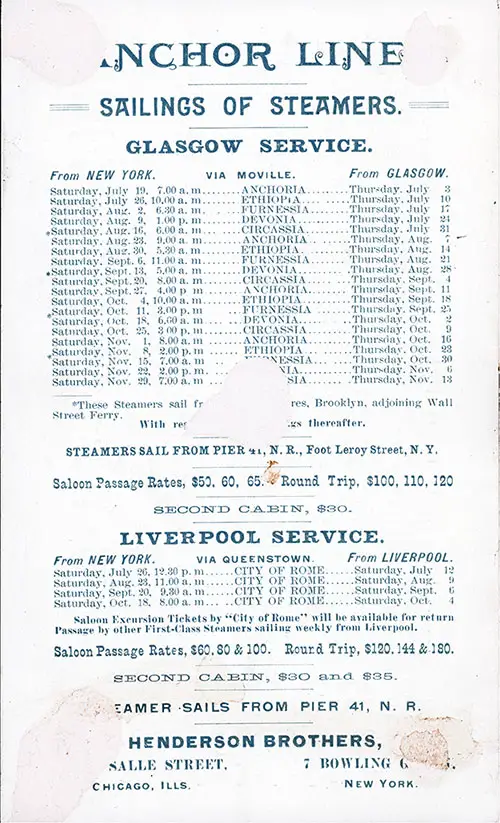 Back Cover: Saloon Class Passenger List for the SS Circassia of the Anchor Line Dated 12 July 1890.