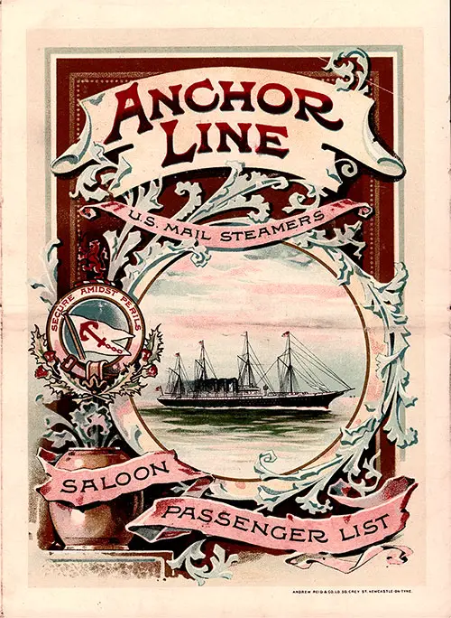 Front Cover of a Saloon Passenger List for the SS Circassia of the Anchor Line, Departing Thursday, 12 August 1897 from Glasgow to New York via Moville